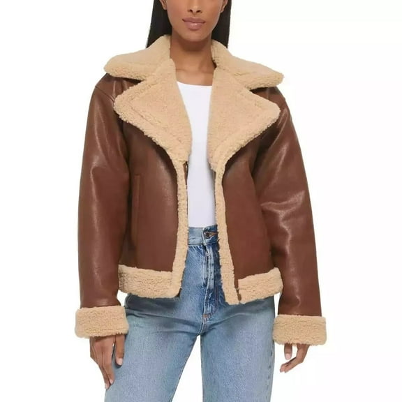 Levis Women's Sherpa Lined Faux Leather Bomber Jacket (Brown, L)