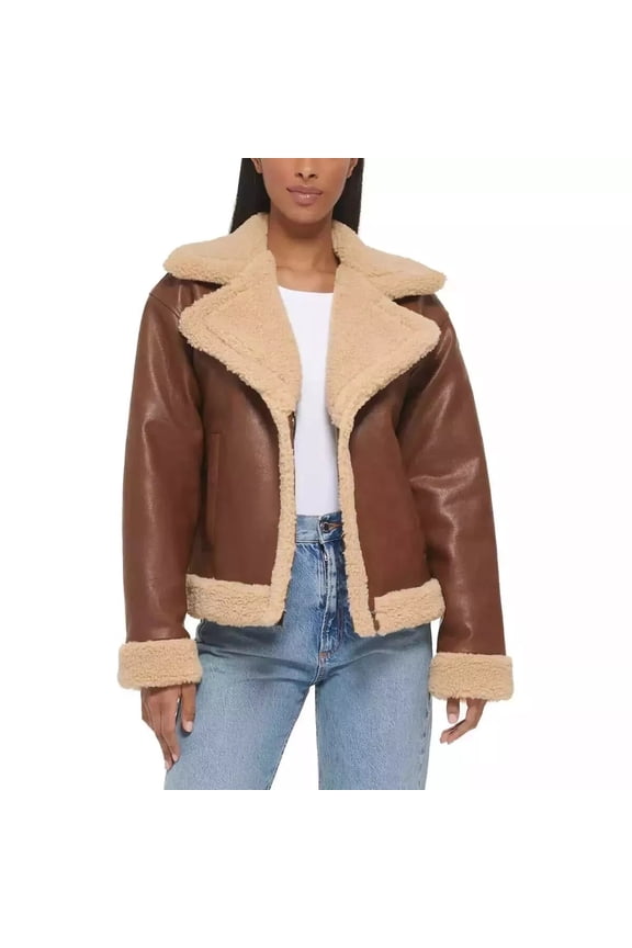 Levis Women's Sherpa Lined Faux Leather Bomber Jacket (Brown, L)