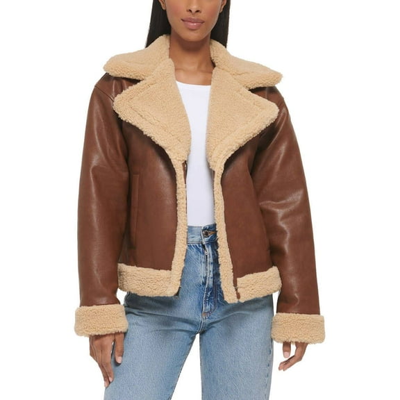 Levis Women's Sherpa Lined Faux Leather Bomber Jacket (Brown, XXL)