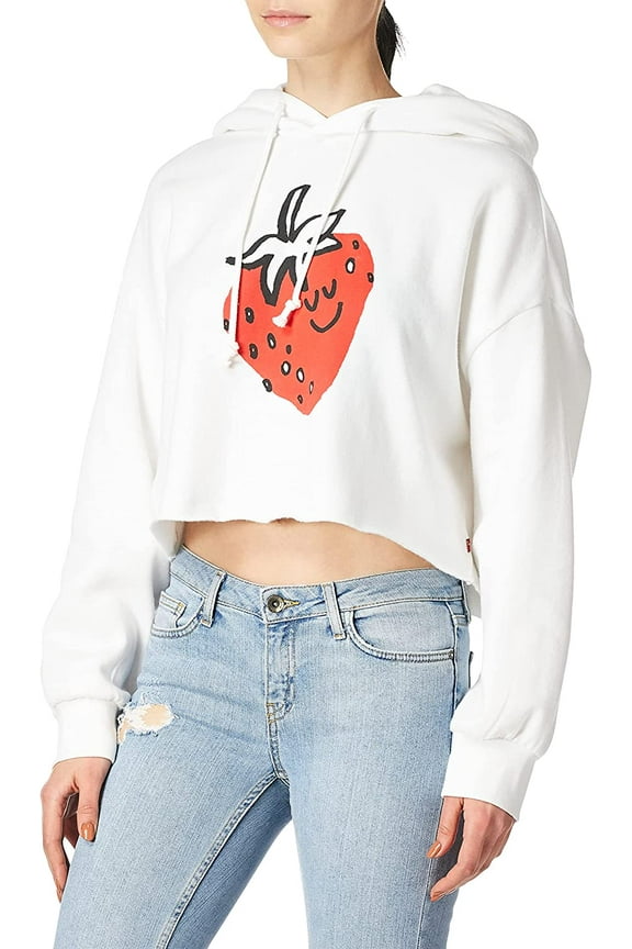 Levis Womens Graphic Crop Prism Hoodie X-Large Happy Strawberry Crop White