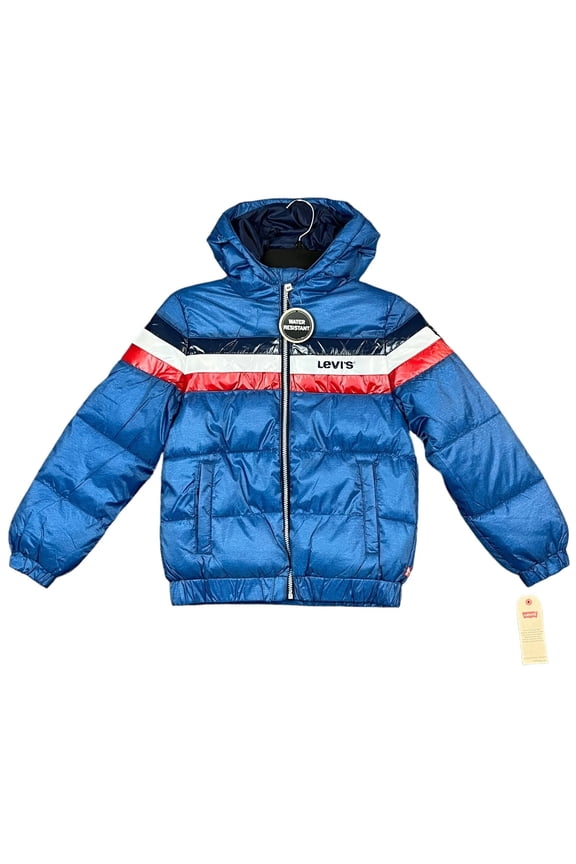 Levis Youth Boys Puffer Jacket Size XL (13-15) Blue Hooded Full Zip Water Resistant