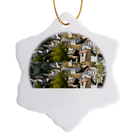 3drose, Levissihan Kayakoy Historical Hillside Houses Art, 3 inch Snowflake Porcelain Ornament