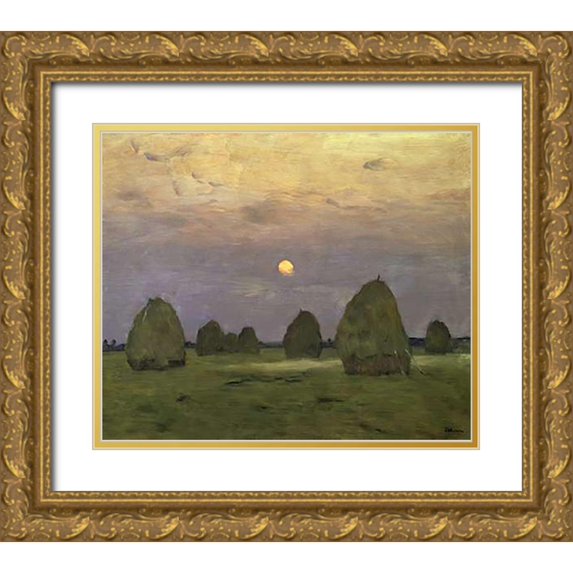 Levitan, Isaac 23x20 Gold Ornate Wood Framed with Double Matting Museum Art Print Titled - Haystacks Twilight, 1899