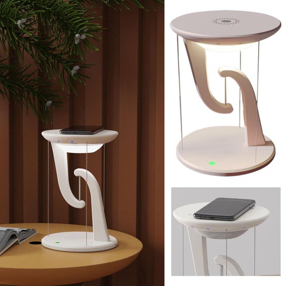 Levitating Floating LED Desk Lamp with Wireless Charging Station, Anti Gravity Touch Control Night Light, Unique Gadget Gift for Home Office Desk Table Decoration, White