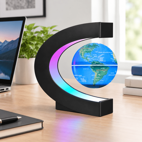 Levitating Floating World Globe with C Shape Base and LED Lights for Desk Decor