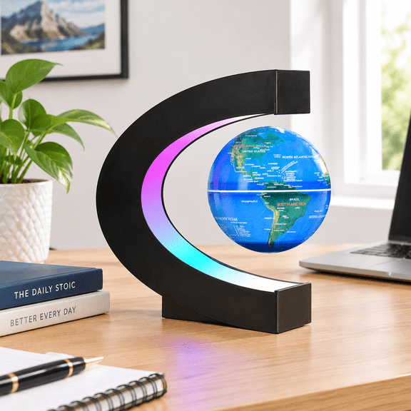 Levitating Floating World Globe with C Shape Base and LED Lights for Desk Decor
