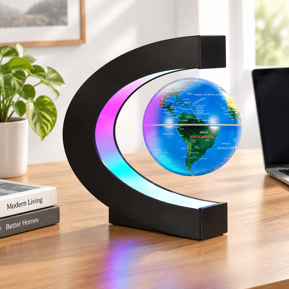 Levitating Floating World Map Globe with C Shape Display Frame and LED Lights