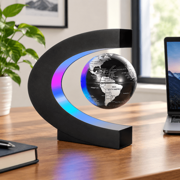 Levitating Floating World Map Globe with C Shape LED Base Desk Decoration