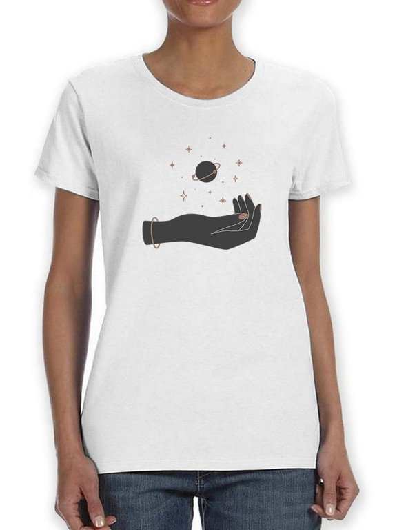 Levitating Planet On Hand Shaped T-Shirt Women -Image by Shutterstock, Female Medium