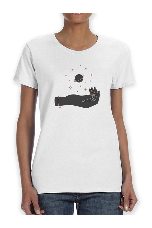 Levitating Planet On Hand Shaped T-Shirt Women -Image by Shutterstock, Female Small
