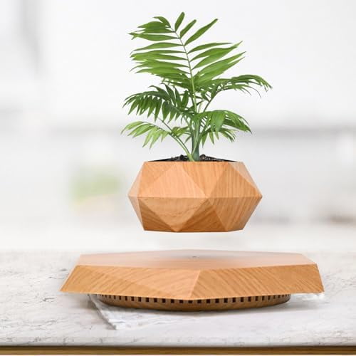 Levitating Plant Pot, Magnetic Levitation Flower Pot Suspension Floating Plant Succulents, Air Bonsai Potted Plant for Home Decoration, Living Room, Office, Desk (Wood)$$Garden & Patio