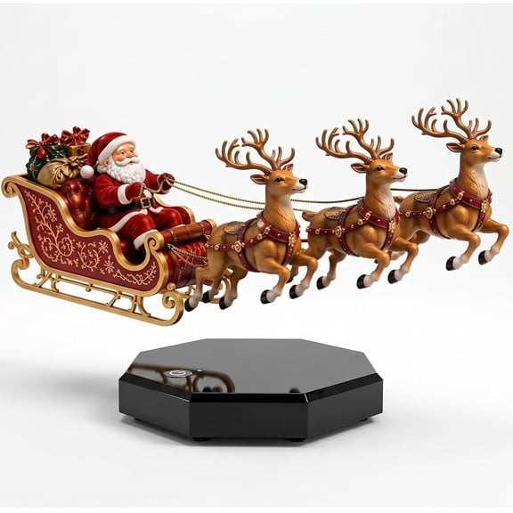 Levitation Floating Santa Sleigh & Reindeer Christmas Decoration, Flying Holiday Ornament Display with Warm LED Lights for Home, Office & Tabletop