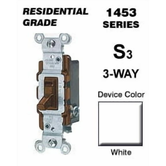 Leviton 1453-WCP 15 Amp, 120 Volt, Toggle Framed 3-Way AC Quiet Switch, Residential Grade, Non-Grounding, Quickwire Push-In & Side Wired, White