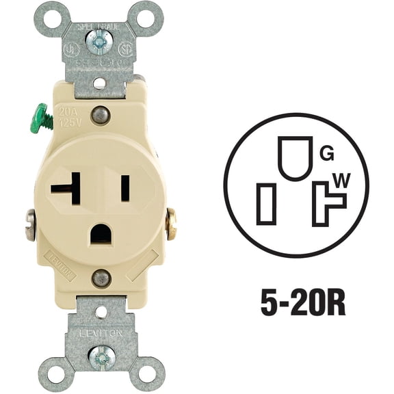 Leviton 101-05801-ISP 20-Amp 125-Volt Single Receptacle Electrical Power Outlet, Ivory