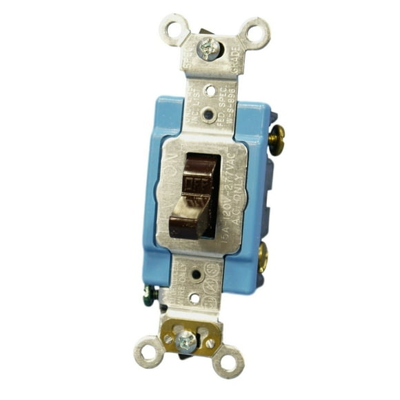 Leviton 1201-2 Single Pole Toggle Light Switch, Extra Heavy Duty Specification Grade, Grounding, Back & Side Wired, 15A 120/277V, Brown