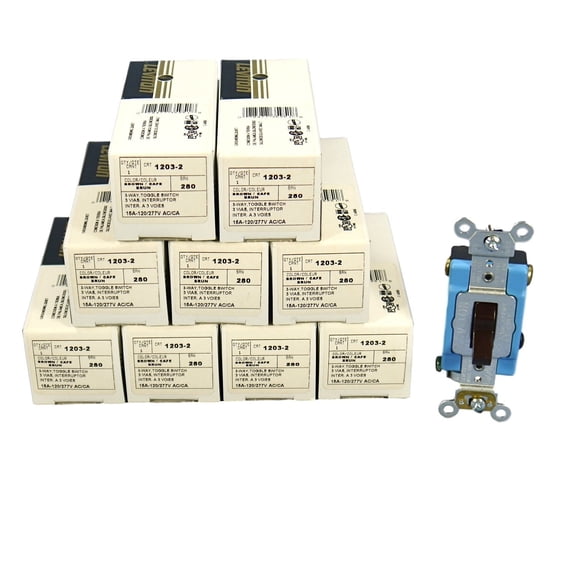 Leviton 1203-2 3-Way Toggle Light Switch, Extra Heavy Duty Specification Grade, Grounding, Back & Side Wired, 15A 120/277V, Brown (Pack of 10)