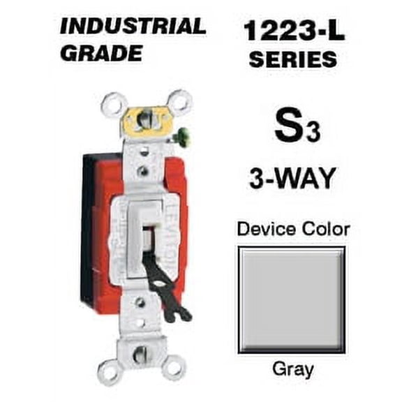 Leviton 1223-2GL 20-Amp, 120/277-Volt, Toggle Locking 3-Way AC Quiet Switch, Extra Heavy Duty Grade, Self Grounding, Back and Side Wired, Gray