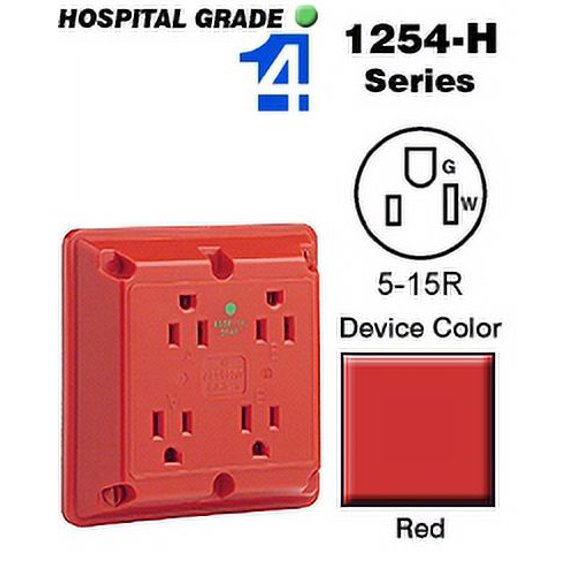 leviton 1254-hr 4-in-1 quad receptacle hospital grade 5-15r 15a 125v - red