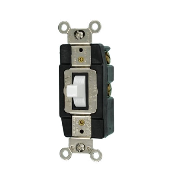 Leviton 1256 15 Amp, 120/277 Volt, Toggle Double-Throw Ctr-OFF Momentary Contact Single-Pole AC Quiet Switch, Extra Heavy Duty Spec Grade, Grounding, Back & Side Wired, White