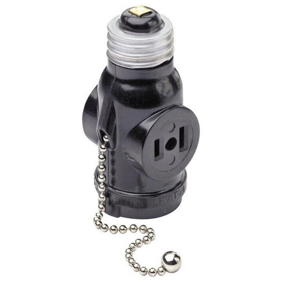 Leviton 1406 660 Watt, 125 Volt, Two Outlet with Pull Chain Socket Adapter, Black