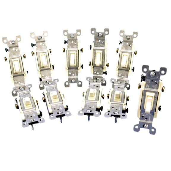 Leviton 1453-2A Toggle Light Switch, 3-Way, 15A 120V, Grounding, Quickwire Push-In & Side Wired, Almond (Pack of 10)