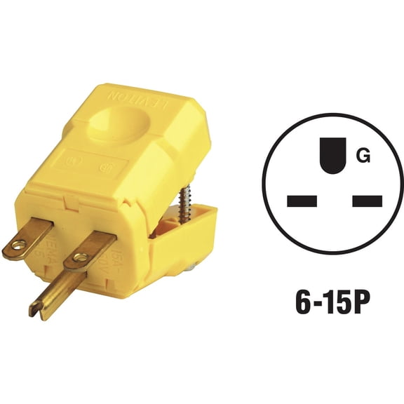 Leviton 15 Amp, 250 Volt, Industrial Grade, Plug, Straight Blade, Grounding, Python, 15656-VY, Yellow