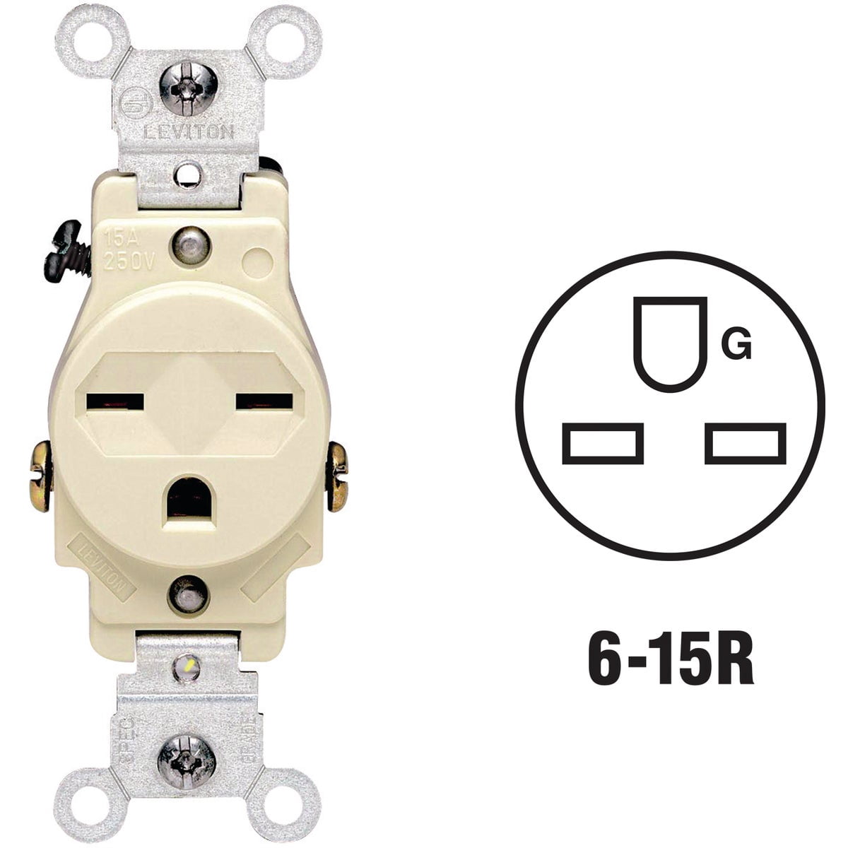 Leviton 15-Amp, 250-Volt, Narrow Body Single Receptacle, Straight Blade, Commercial Grade, Grounding, 5029-I, Ivory