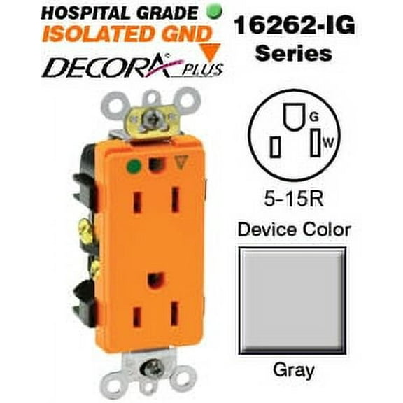 Leviton 16262-IGG Decora Duplex Receptacle Hospital Grade 5-15R 15A 125V BandS Wired - Gray
