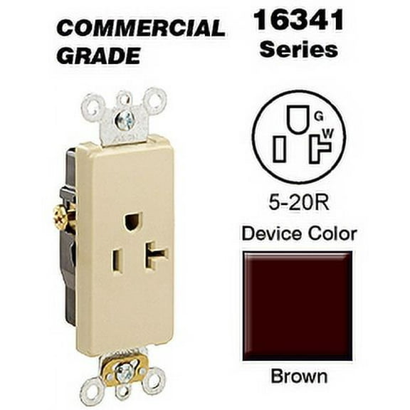 Leviton 16341 Decora Single Receptacle Commercial Grade 5-20R 20A 125V Side Wired - Brown