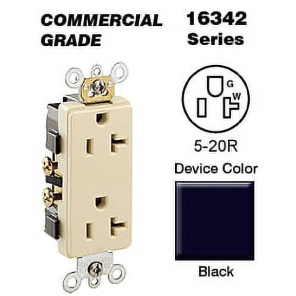 Leviton 16342-E Decora Duplex Receptacle Commercial Grade 5-20R 20A 125V Side Wired - Black