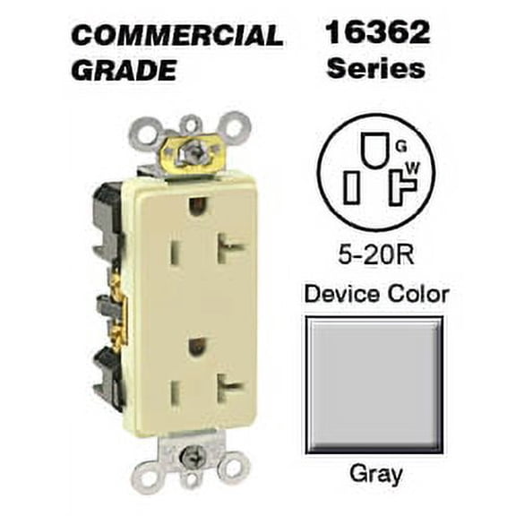Leviton 16362-GY Decora Duplex Receptacle Commercial Grade 5-20R 20A 125V BandS Wired - Gray