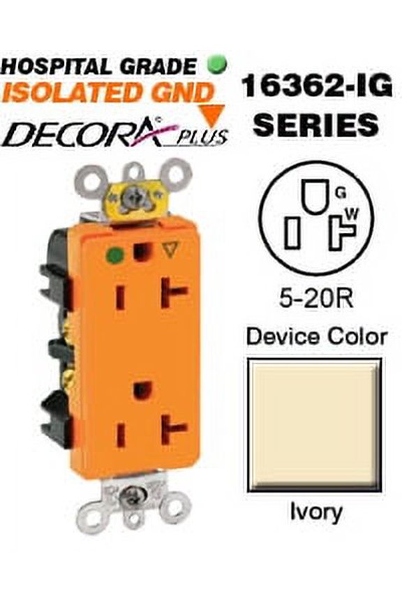16362-IGI Decora Duplex Receptacle Hospital Grade 5-20R 20A 125V BandS Wired - Ivory
