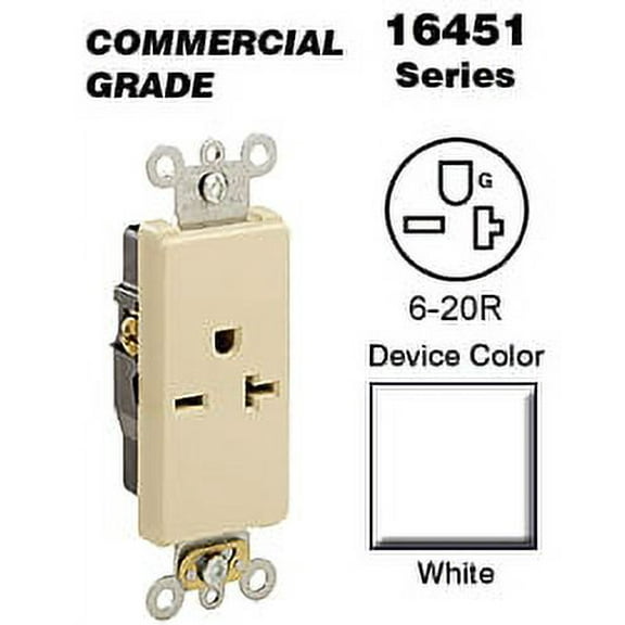 Leviton 16451-W Decora Single Receptacle Commercial Grade 6-20R 20A 250V BandS Wired - White