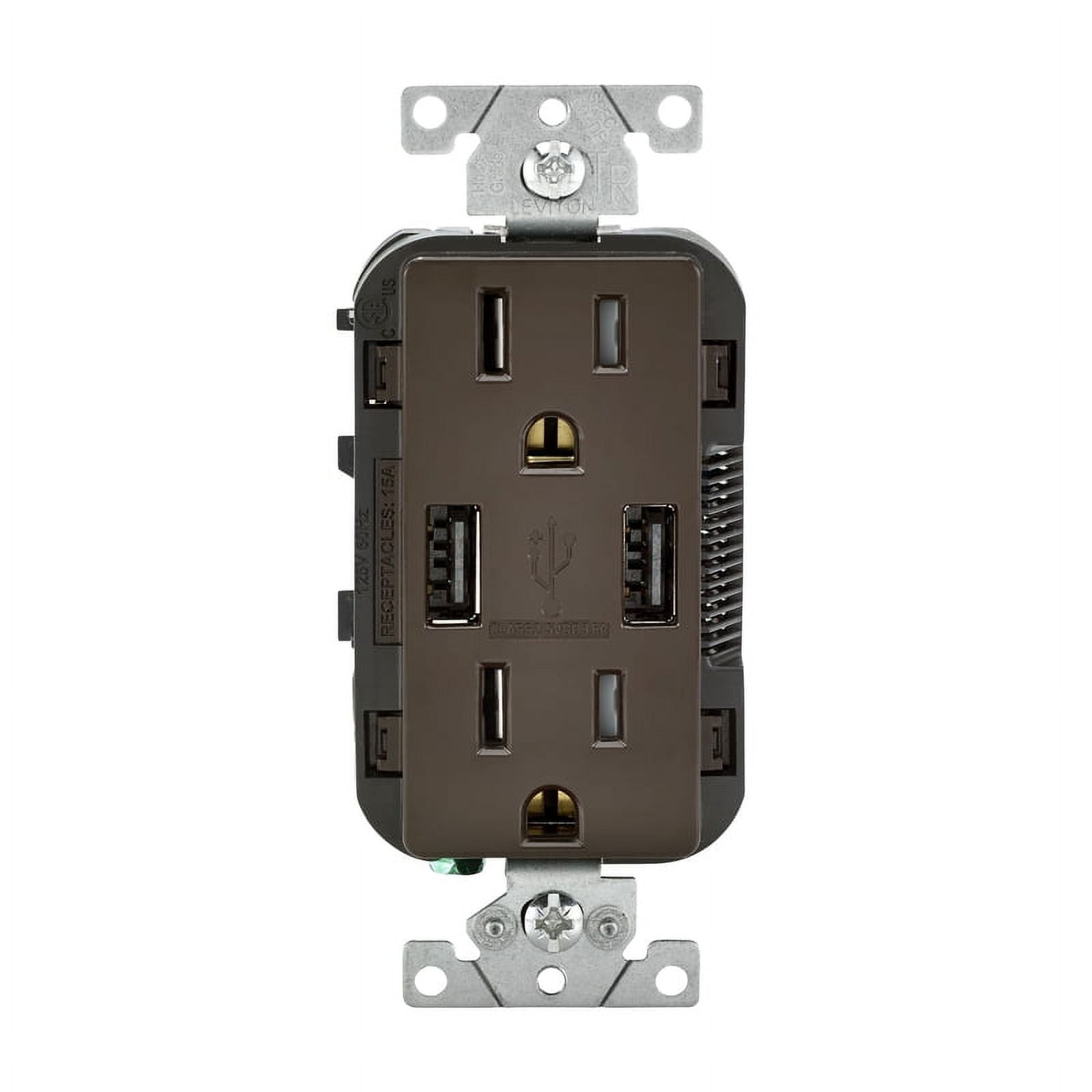 Brown 15A Duplex Receptacle with 2-Port USB Charger