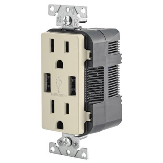 Leviton 2 Port Usb Charger And Tamper Resistant Duplex Receptacle 15a Lt Almond T5632 T 6648