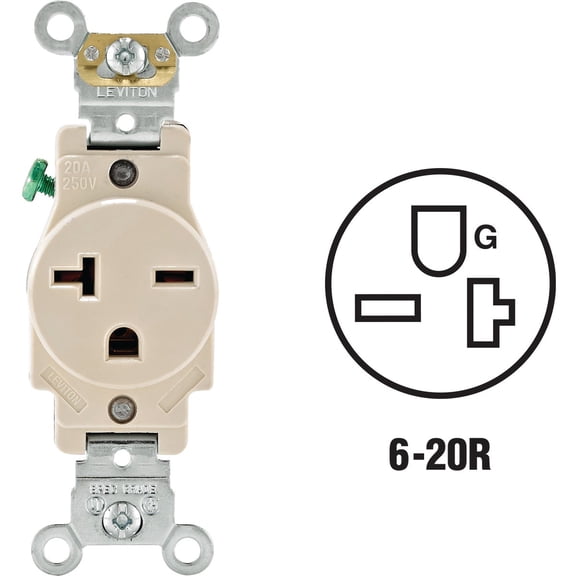 Leviton 20-Amp, 250-Volt, Narrow Body Single Receptacle, Straight Blade, Commercial Grade, Grounding, 5821-T, Light Almond