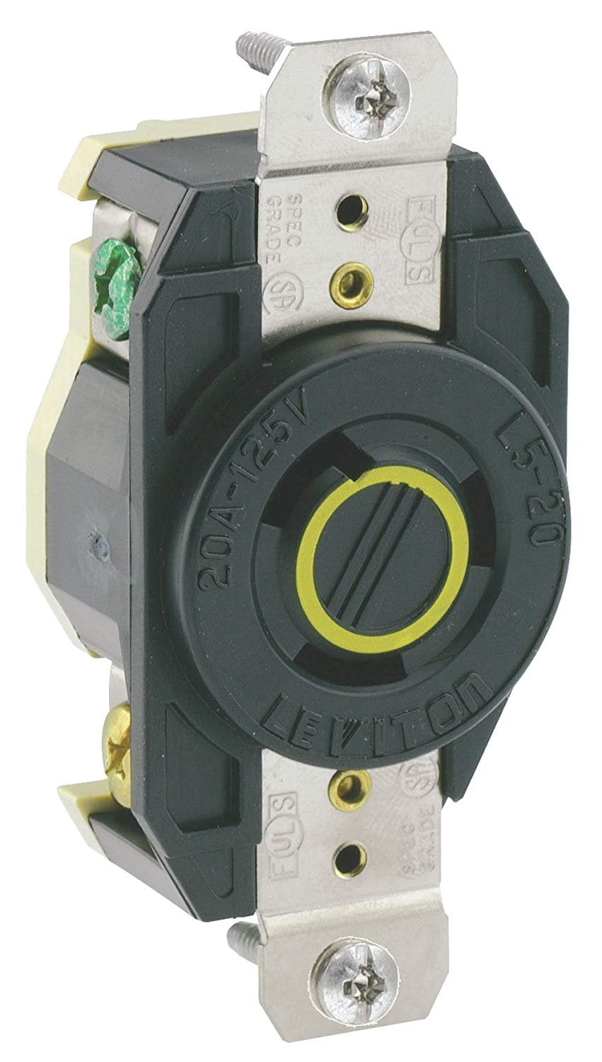 Leviton 2310 20 Amp, 125 Volt, Flush Mounting Locking Receptacle, Industrial Grade, Grounding, V-0-MAX, pack of 1, Black