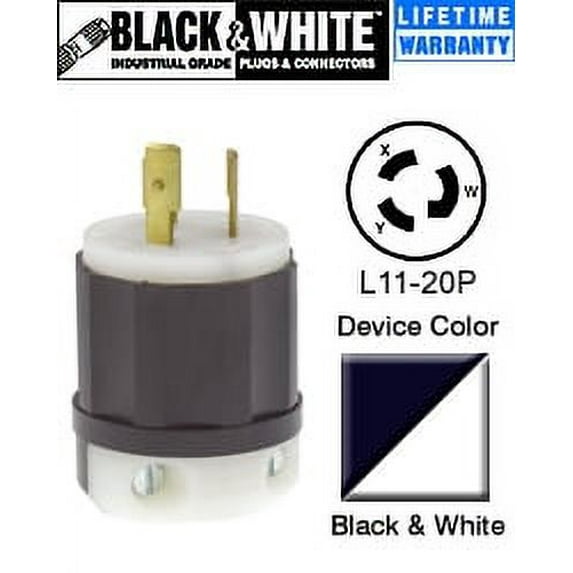 Leviton 2371 20 Amp, 250 Volt 3-Phase, NEMA L11-20P, 3P, 3W, Locking Plug, Industrial Grade, Non-Grounding - Black-White