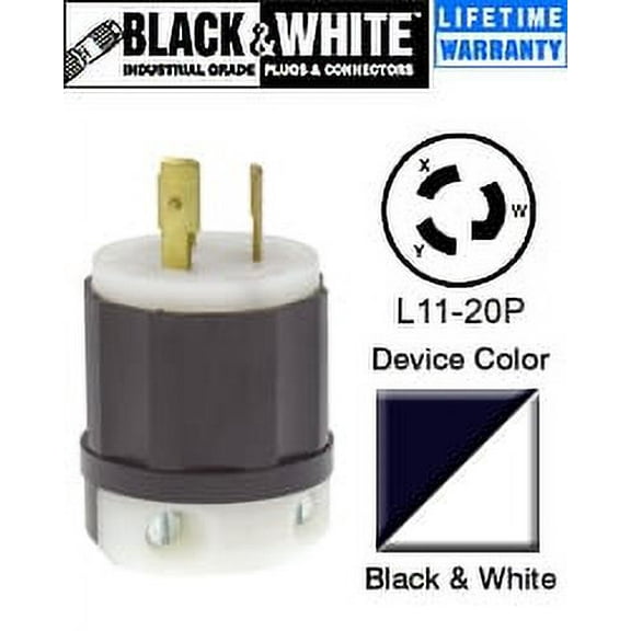 Leviton 2371 20 Amp, 250 Volt 3-Phase, NEMA L11-20P, 3P, 3W, Locking Plug, Industrial Grade, Non-Grounding - Black-White