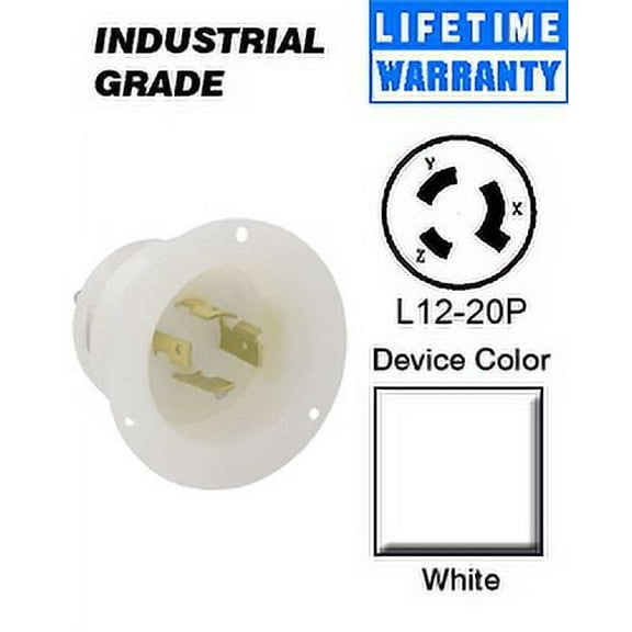 Leviton 2385 Flanged Inlet Locking Blade L12-20P 20A 480V 3-Phase 3P3W Non-Grounding - White
