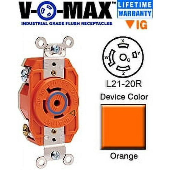 Leviton 2510-IG Receptacle Locking Blade V-0-MAX L21-20R 20A 120/208V 3PY 4P5W Isolated Ground - Orange