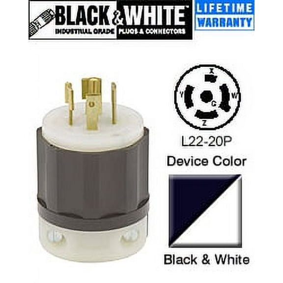 Leviton 2521 20 Amp, 277/480 Volt 3PY, NEMA L22-20P, 4P, 5W, Locking Plug, Industrial Grade, Grounding - Black-White