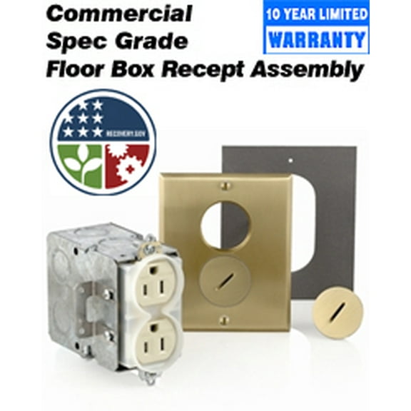 Leviton 25249-TFB Floor Box Assembly Brass Duplex Receptacle Tamper-Resistant Commercial Grade 5-15R 15A 125V - Ivory