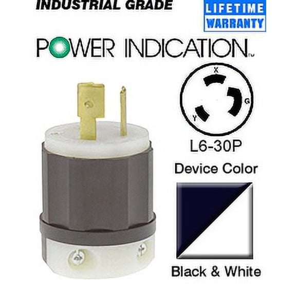 Leviton 2621-PLC Plug Locking Blade Power Indication L6-30P 30A 250V 2P3W Grounding - Black-White