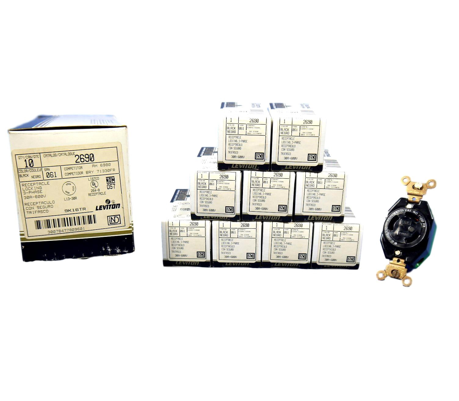 Leviton 2690 Receptacle Locking Blade L13-30R 30A 600V 3-Phase 3P3W Non-Grounding Black 10 Pack