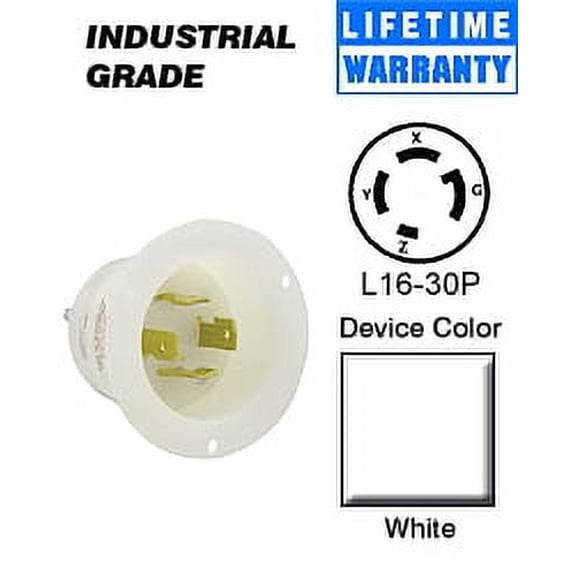 Leviton 2735 Flanged Inlet Locking Blade L16-30P 30A 480V 3-Phase 3P4W Grounding - White