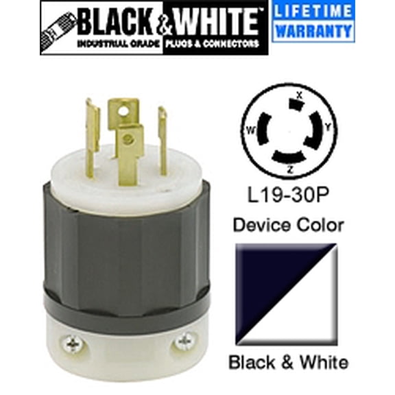 Leviton 2761 30 Amp, 277/480 Volt 3PY, NEMA L19-30P, 4P, 4W, Locking Plug, Industrial Grade, Non-Grounding - Black-White