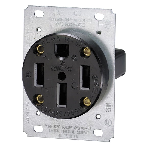 3-Pole Flush Mount Industrial Grade Range Receptacle, Straight Blade, Black, Nema 14-50R, 125/250 Volts, 50 Amps