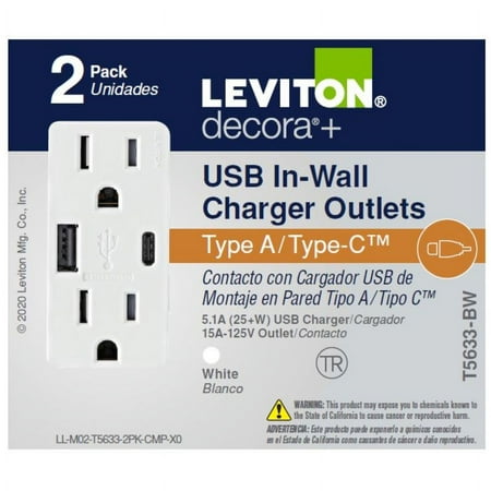 Leviton 3006770 15 amps 5-15 R Decora Duplex, Type A, Type C White Outlet & USB Charger - Pack of 2