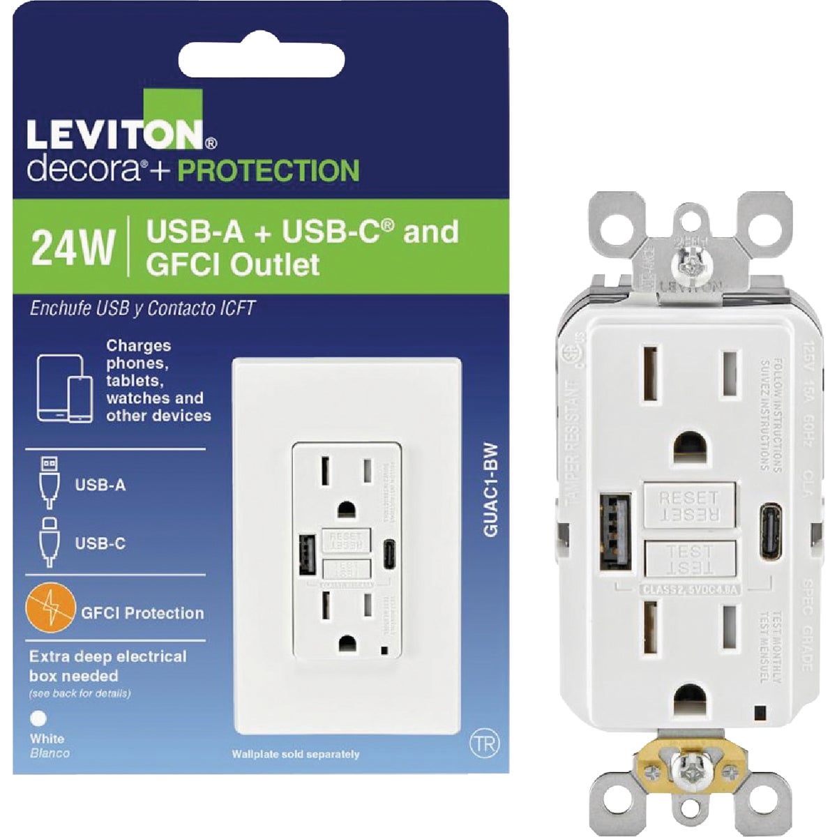 Leviton 3016780, 15A 125V White GFCI Outlet & USB Charger